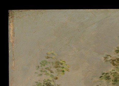 The hard-edged dark crown against the soft sky is a deliberate tonal contrast; a camera push-in here would reveal the texture of the paint surface and the speed of the mark-making.