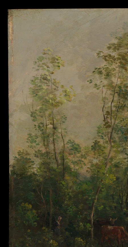 The strongest vertical element, framing the left edge; the trees are rendered as near-black masses, a deliberate tonal anchor that throws the luminous sky into relief.