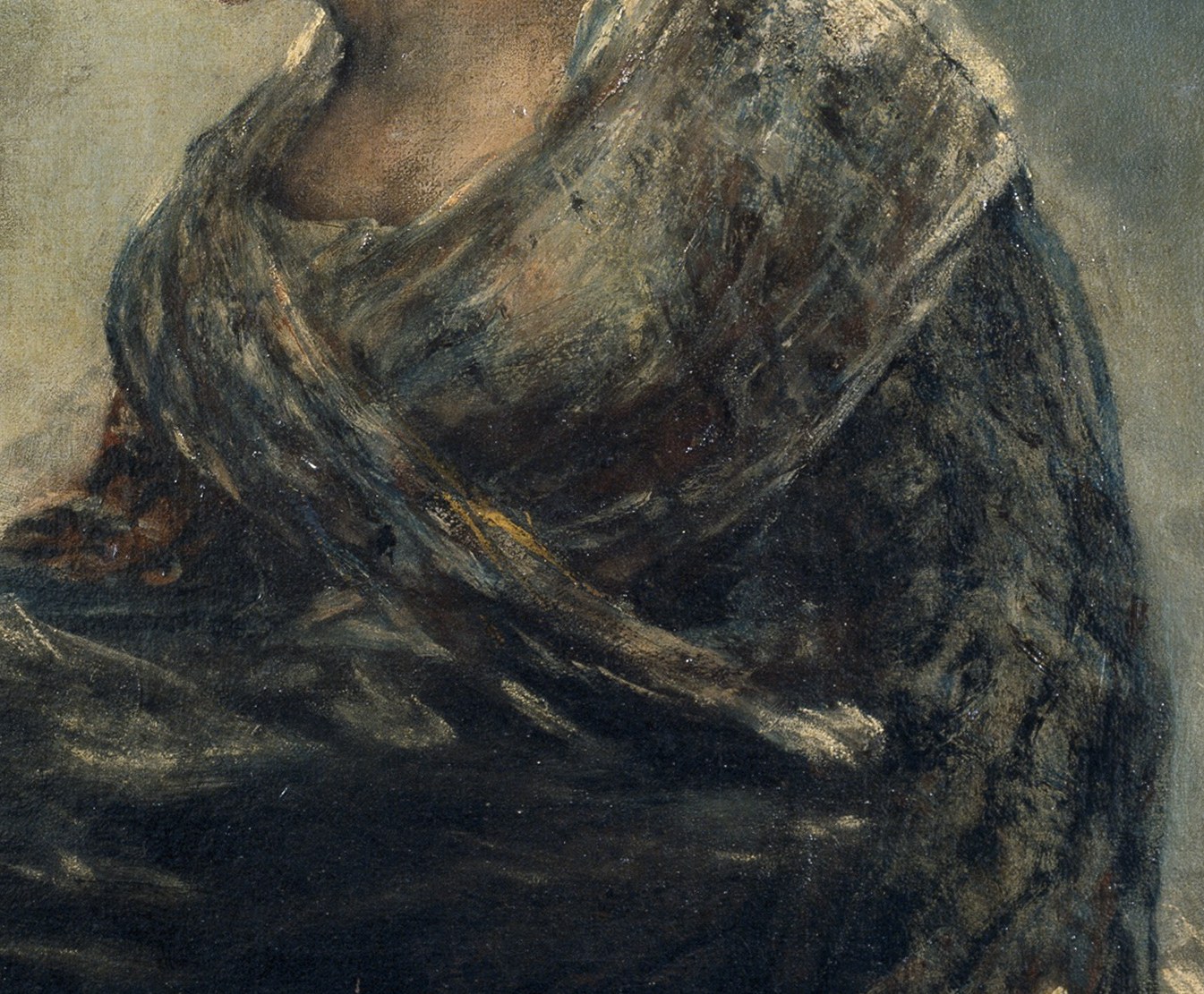 Her dark shawl is painted with thick, tactile strokes.