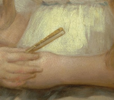 Her hands rest gently, holding a folded fan.