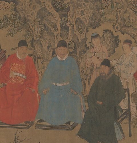 The wusha mao , black winged gauze cap , is the unmistakable badge of the Ming civil official; their density in the center makes this section legible as an assembly of power even without knowing the faces
