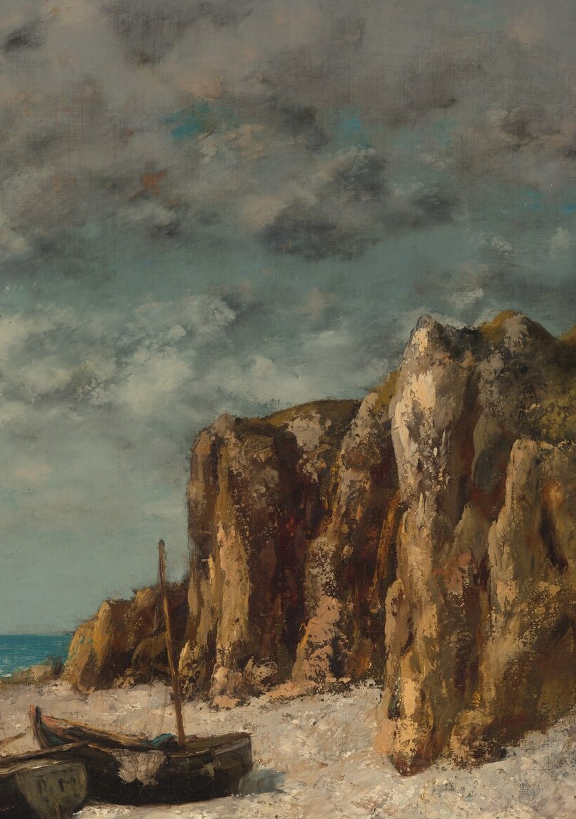 The defining geological landmark of Étretat; its sheer face and warm-lit texture is a signature Courbet subject , he painted it obsessively as both backdrop and protagonist.