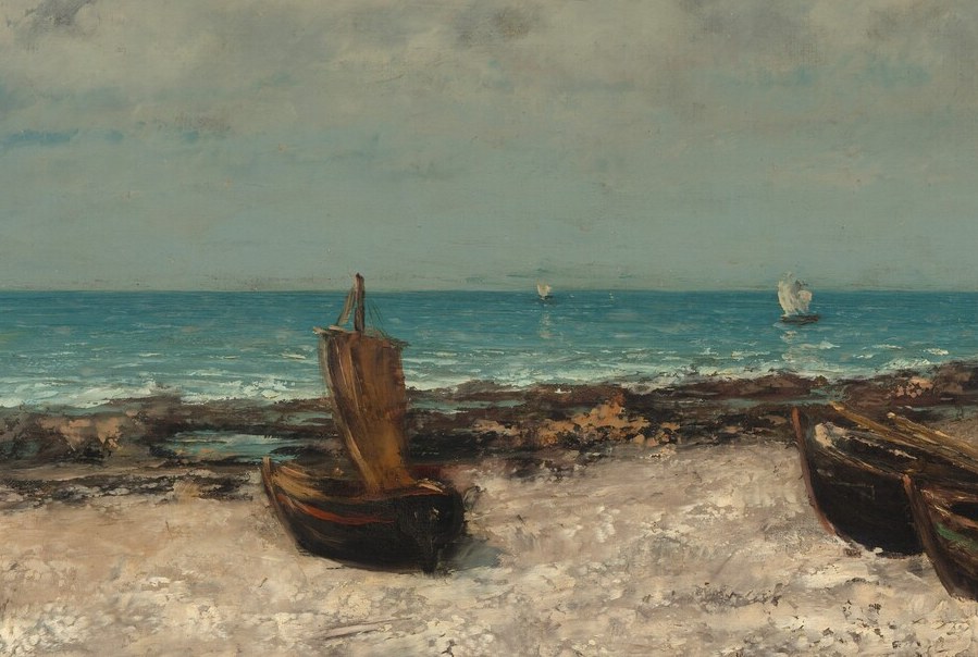 The dominant vessel, its worn dark hull and rigging anchor the scene's narrative of working-class maritime life , Courbet's realist manifesto in wood and tar.