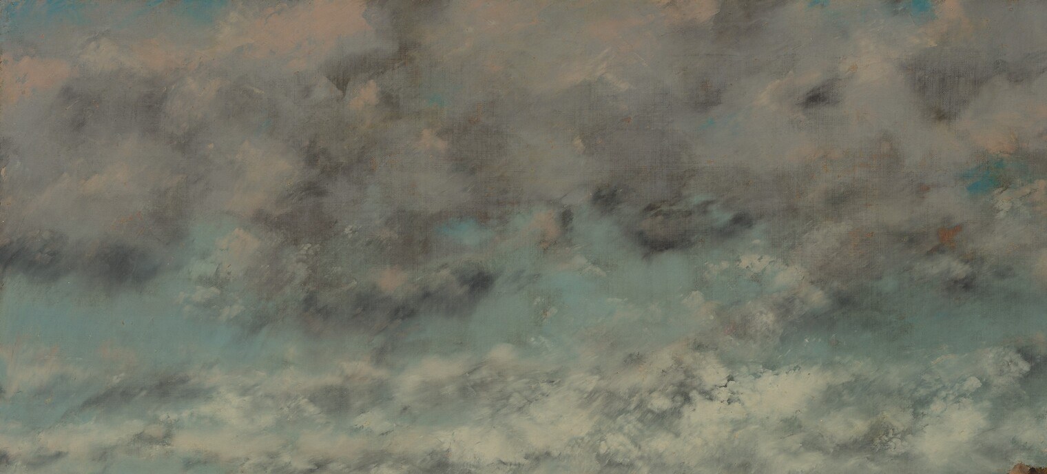 The cloud formation is moody and theatrical despite the realist doctrine , their churning mass mirrors the weight of the cliff and gives the calm sea an ominous framing.