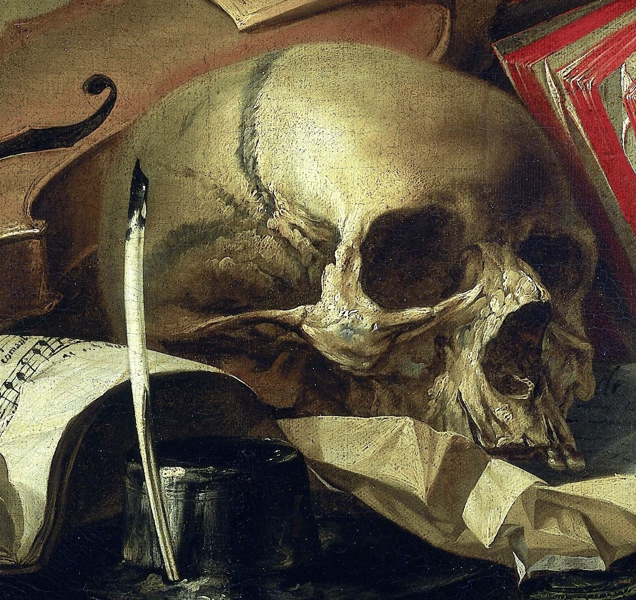 Death dominates the center, pressing down on a sheet of music.