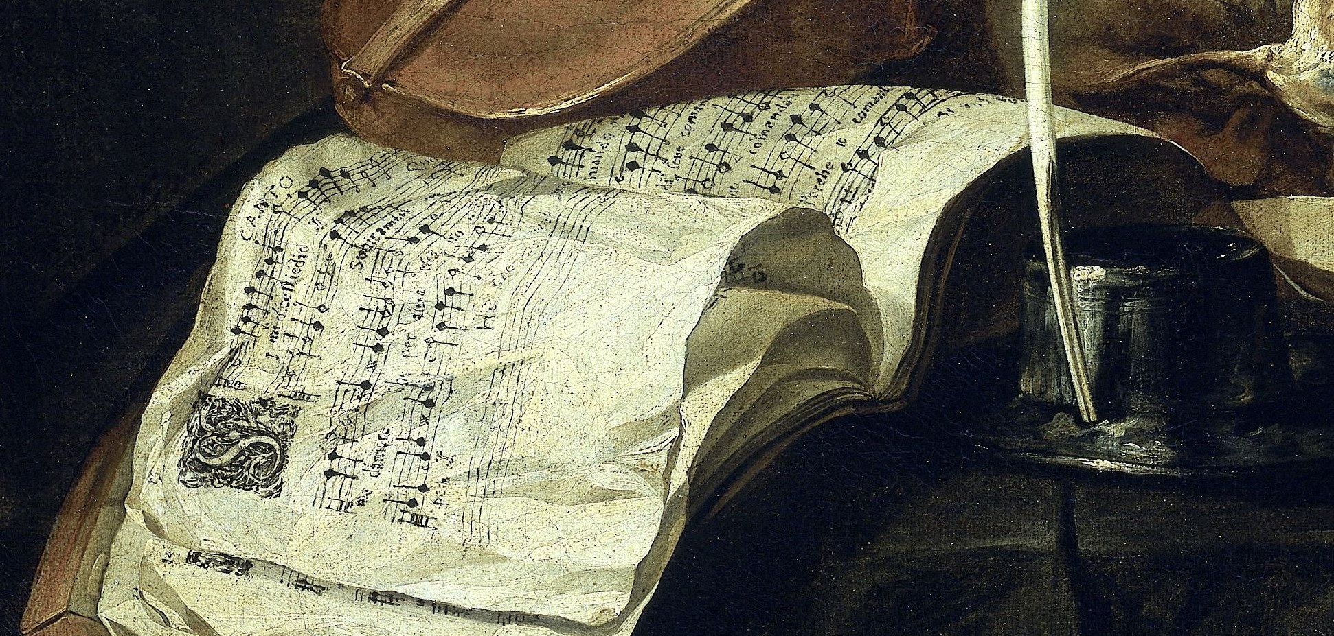 Inscribed notation is partially legible , a discoverable detail that rewards close reading; the skull presses down on art as if crushing it