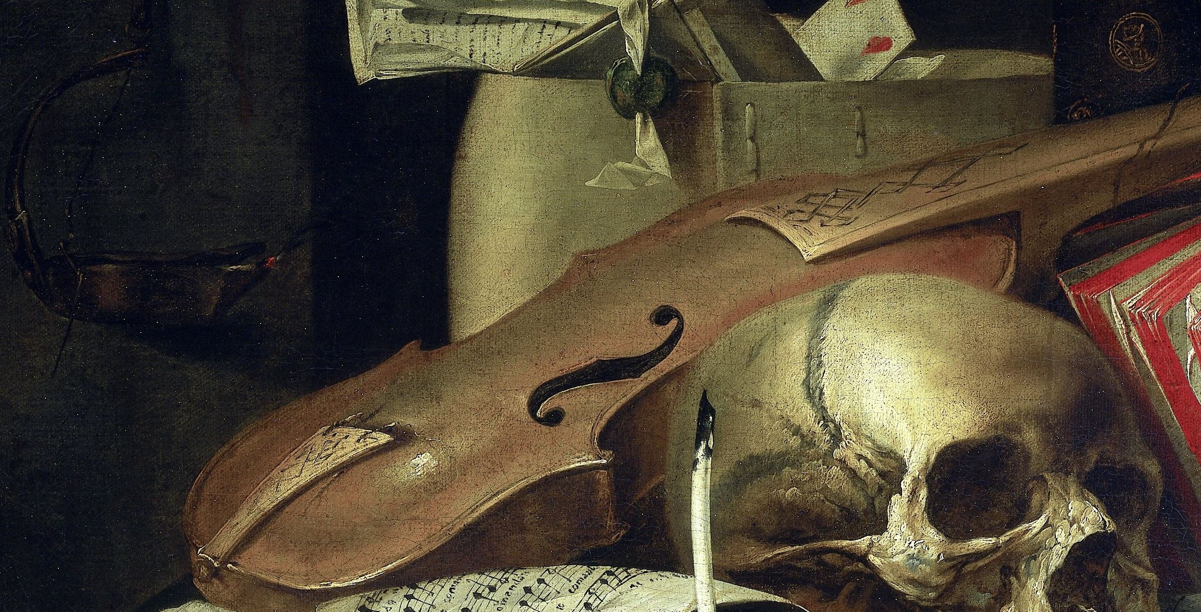 Diagonal sweep dominates the middle ground; a musical instrument silenced by mortality, its strings limp, embodying earthly pleasure cut short