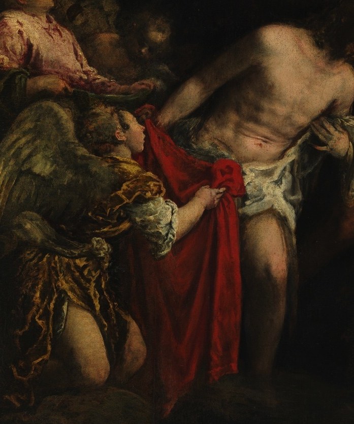The most saturated, warm color in an otherwise cool and dark canvas; red simultaneously signals sacrifice and royal dignity , Christ's robe of kingship, prepared before baptism is complete.