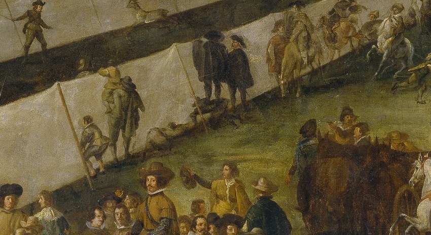 Nearby, richly dressed spectators gather on a platform.