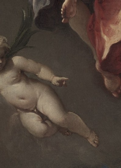 A cherub points with a leafy arrow.