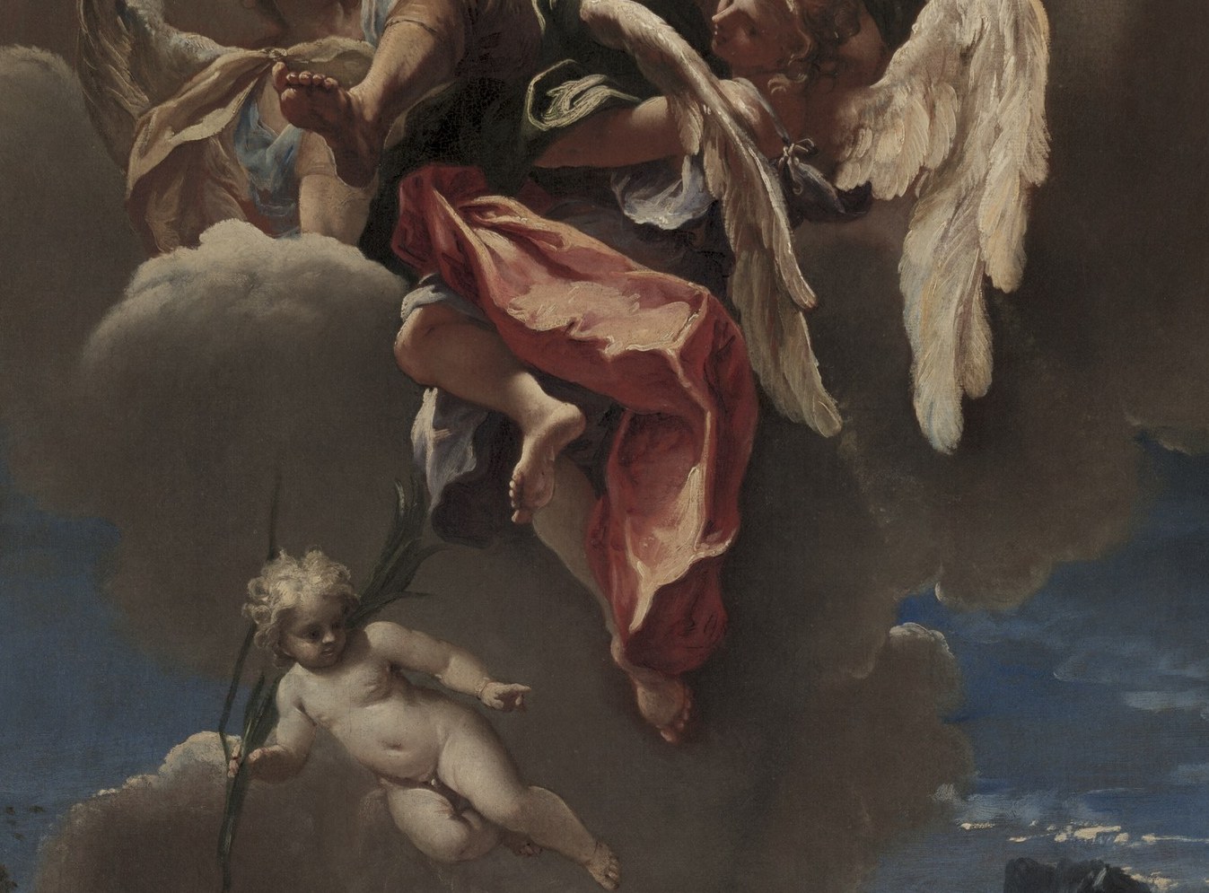 A saint rises into heaven on clouds.
