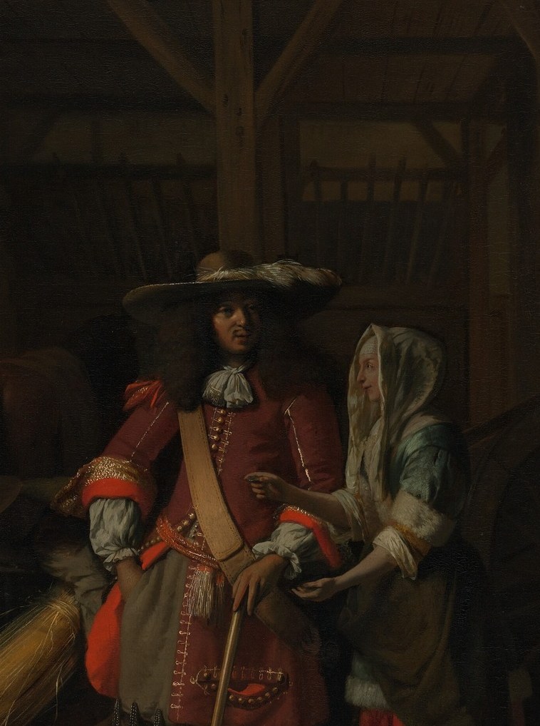 A bright red coat pulls your eye immediately.