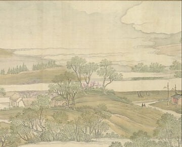 A thick stand of trees in layered ink washes marks the boundary between engineered and wild terrain; the darkest tonal note in the composition, it anchors the right margin.