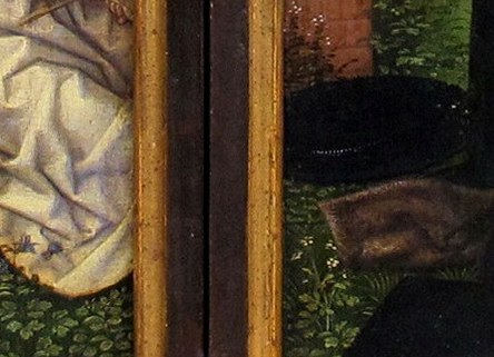 Roses here symbolize the Virgin Mary's purity and grace.