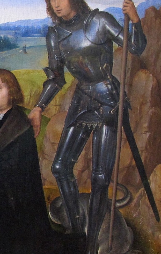On the right, Saint George wears gleaming armor.
