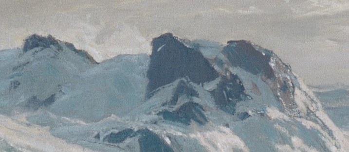 These peaks, partially obscured by mist and spray, add depth and a sense of isolation to the scene.