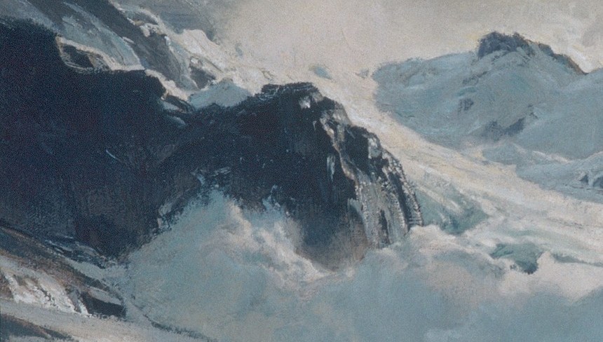Its dark, imposing silhouette contrasts with the white water, emphasizing the danger and unforgiving nature of the coast.