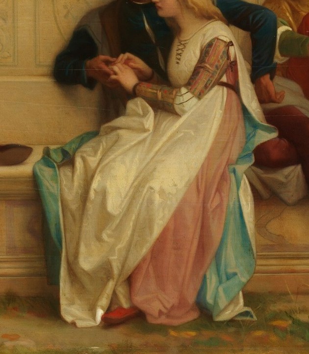 Her delicate features and the way she holds the man's hand suggest a romantic or intimate moment.