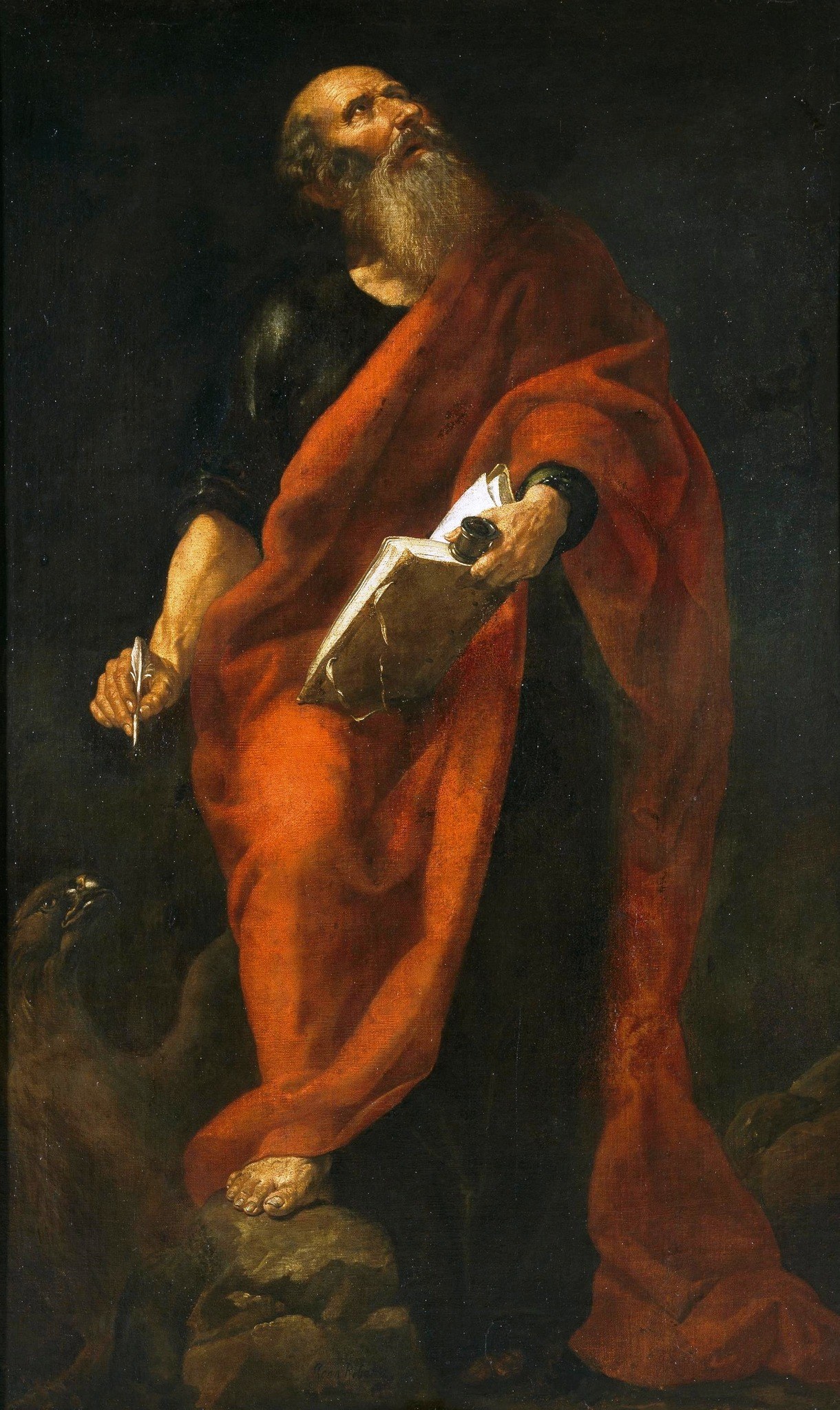 The deep shadows enhance the dramatic lighting on the figure, making him emerge from obscurity.
