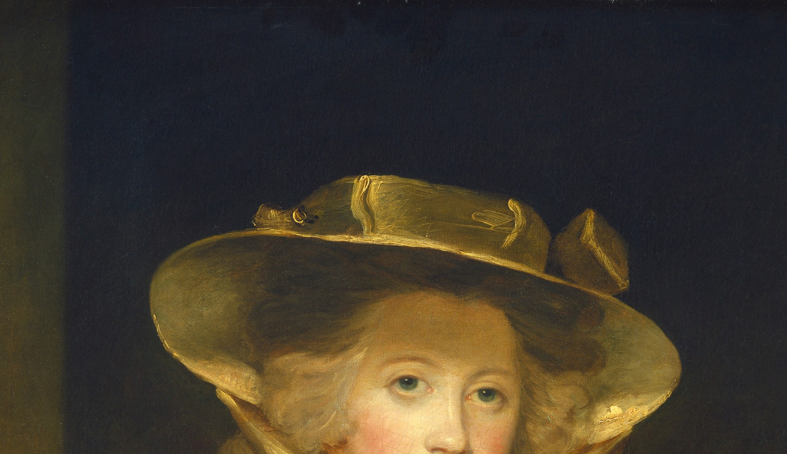 An assertively fashionable hat dominating the upper canvas; its broad brim frames the face and signals aristocratic Rococo taste circa 1782.