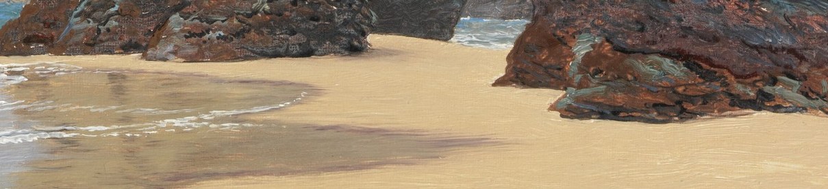 Reflects the sky and surrounding rocks, showing the subtle interplay of light and moisture on the sand.