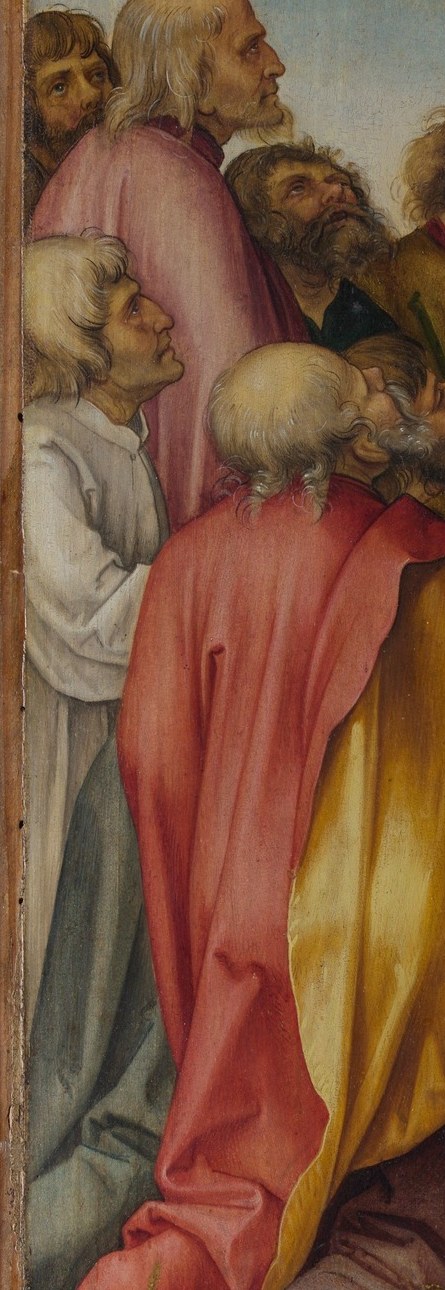 The intense red functions as a visual anchor balancing Mary's green on the right; the figure's upward tilt expresses awe through posture alone.