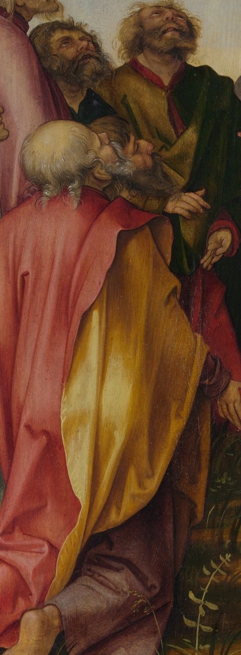Von Kulmbach's Northern Renaissance palette at its most saturated , the yellow sings against surrounding blues and reds, likely Peter or John given prominence.
