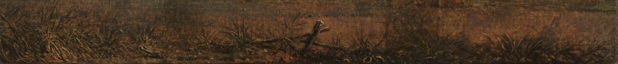 A quiet marsh, caught between sun and mist, in oil paint.