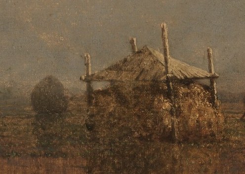 This structure suggests human activity and a rural setting, possibly for storing hay or as a shelter.