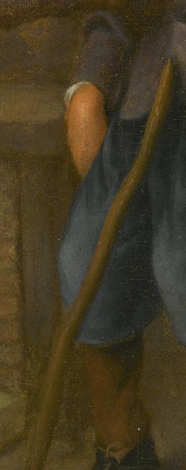 His cane and blue garments convey age, frailty, and need.