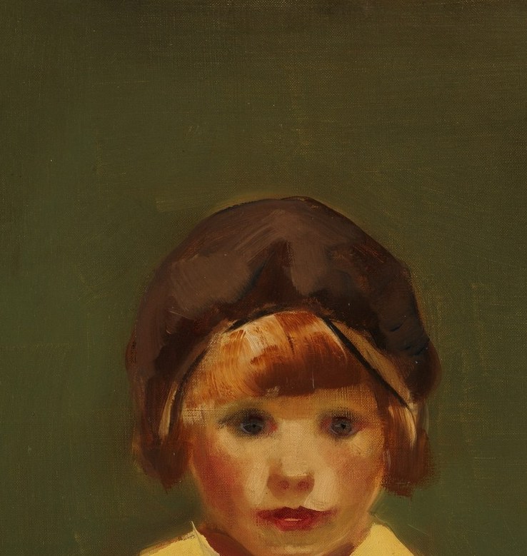 A frank, unsmiling stare typical of Luks's unidealized portraits; the slight pout and heaviness around the eyes convey a world-weary gravity unusual in a child's portrait.