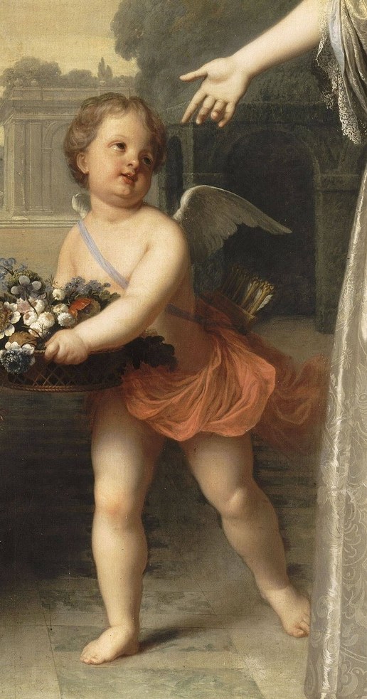 She gestures towards a cherubic child, symbolizing dynastic hopes.