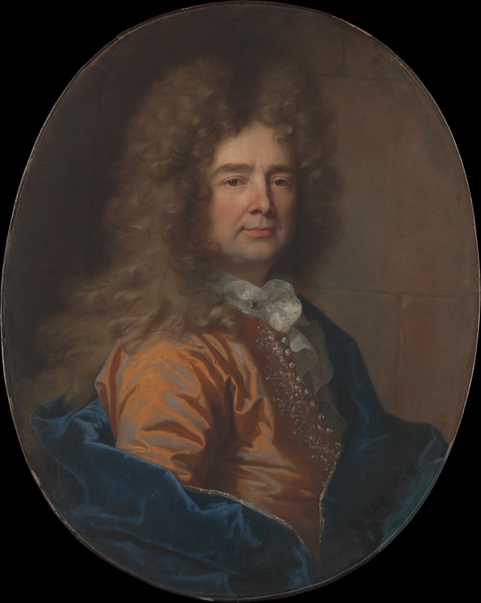 The oval format itself is an argument about status: oval portraits were reserved for serious commissions in the French Baroque. The darkened corners frame the sitter like a cameo or a medallion, elevating him from subject to emblem.