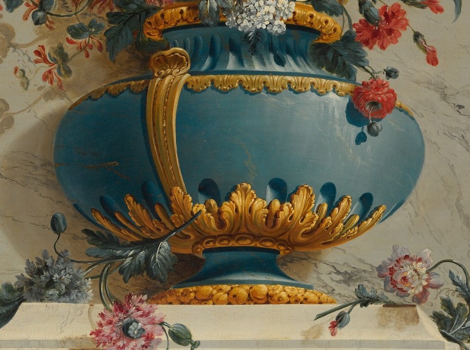 The opulent blue vase suggests wealth and status.