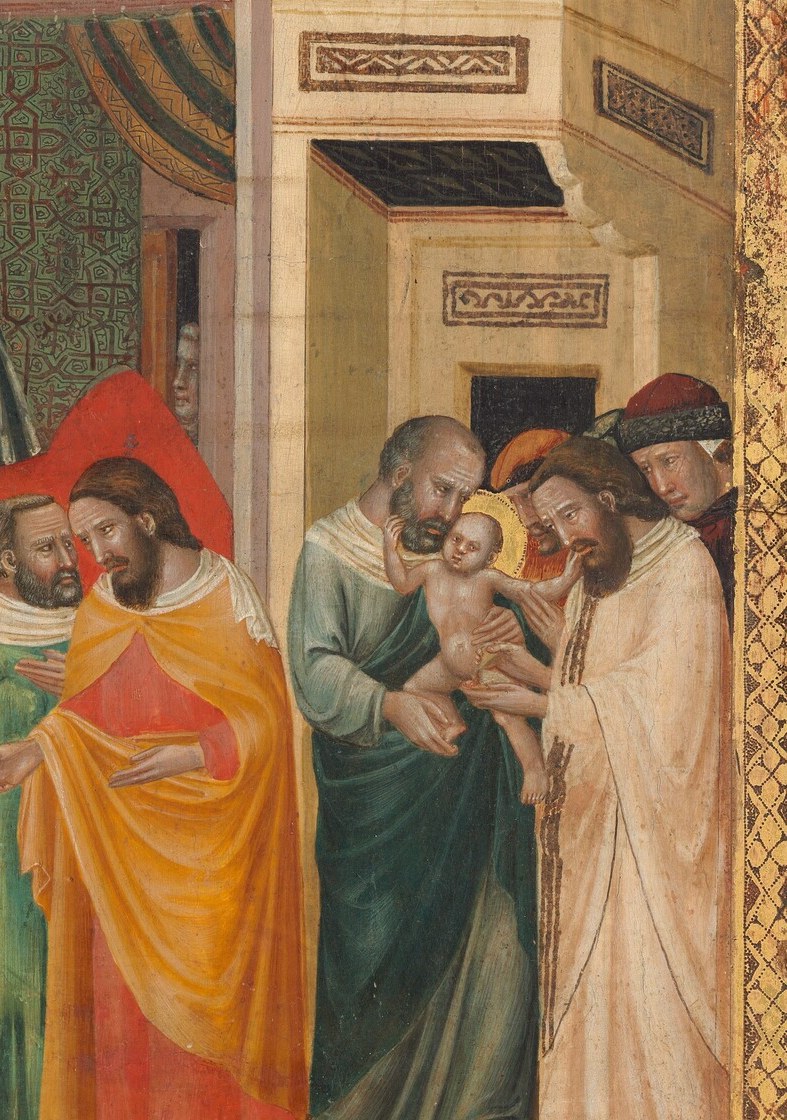 The third episode compressed into the right margin; the gathered witnesses represent ritual community and publicly confirm the Baptist's Jewish identity before his prophetic mission.
