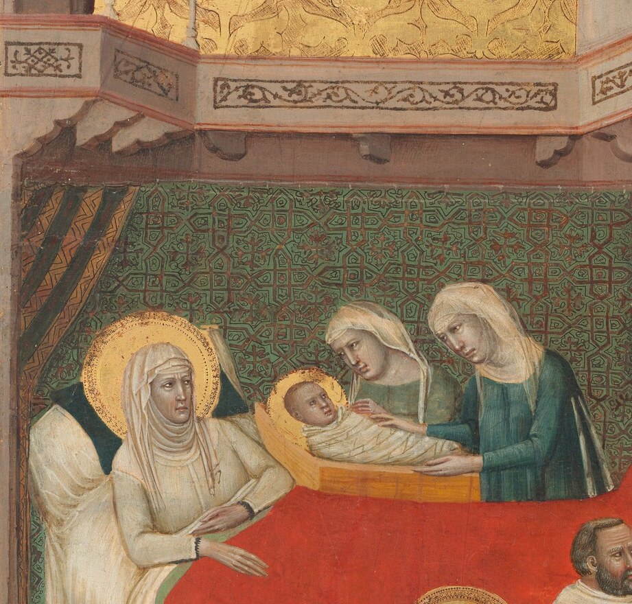 The haloed mother's prone pose signals both bodily exhaustion and sacred election; her large bed anchors the left half of the entire composition.