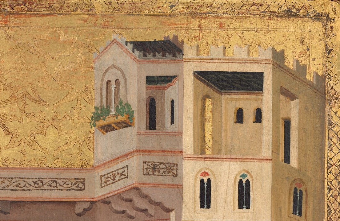The spatial recession of the loggia is Baronzio's direct inheritance from Giotto's Rimini works; the architecture functions as a stage set that visually separates the three narrative zones.