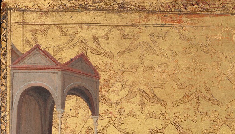 The Byzantine-derived gold sky presses against Baronzio's emerging Giottesque spatial depth, making this panel a visible seam between two eras of Italian painting.