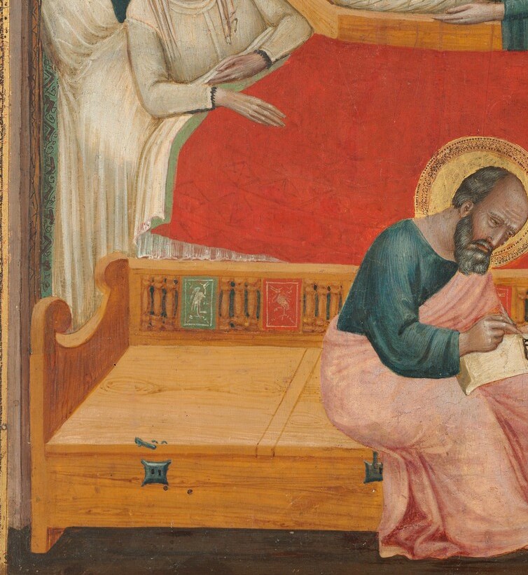 The theological pivot of the panel: the mute priest recovers his voice by confirming the miraculous name in writing , action and miracle fused in a single gesture.