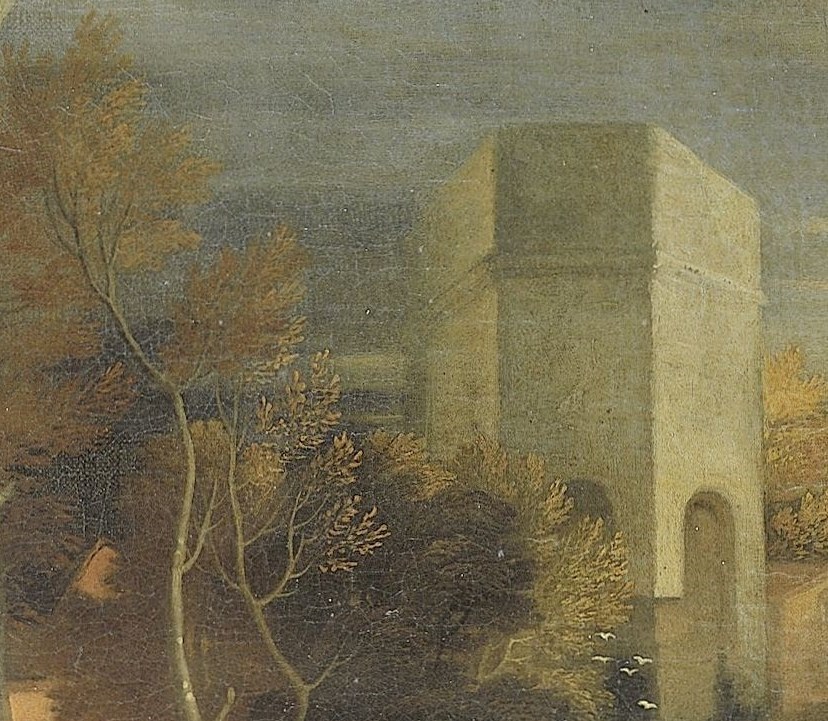 In the background, an ancient building hints at the pagan world.