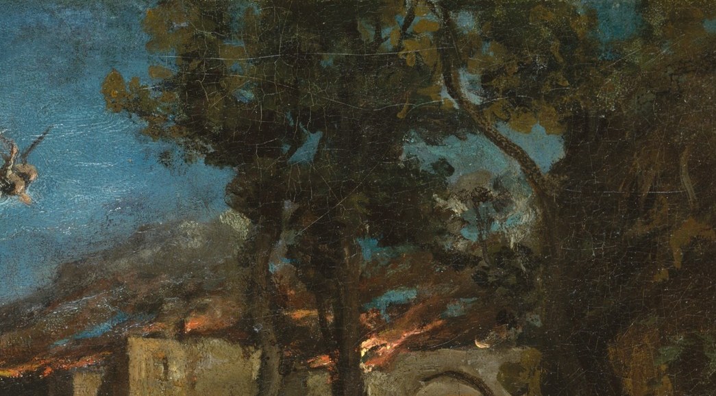 The literal destruction , warm orange and red light pushes against the cold blue-green of the foreground, structuring the whole composition's temperature contrast and showing Corot's study of fire as a landscape element