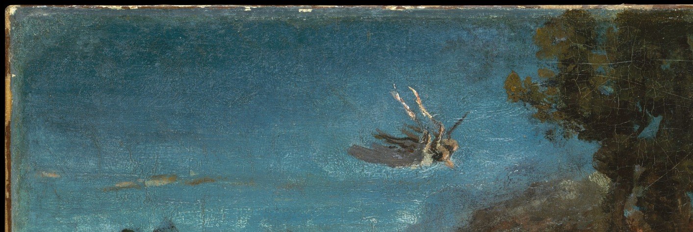 The Romantic sublime at work , the sky's instability mirrors the moral cataclysm below; Corot's cool palette here (unusual for a fire scene) keeps the painting from melodrama