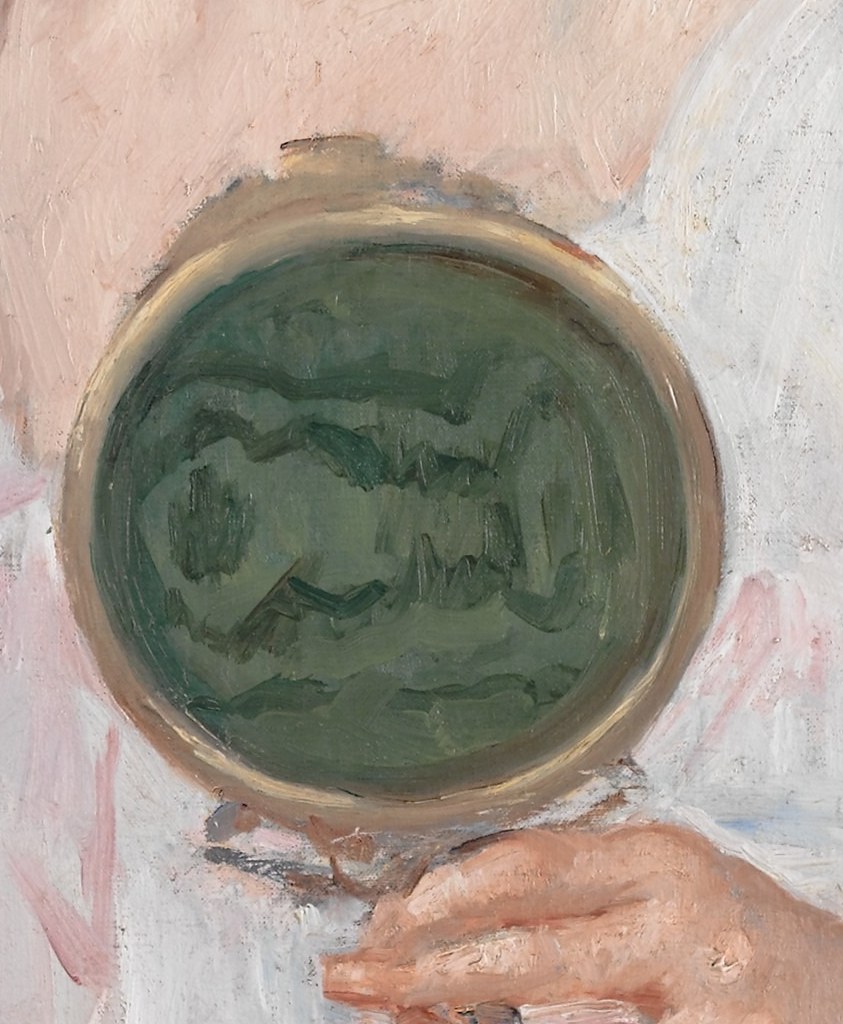 The mirror reflects a distorted, green-hued image, hinting at the subjective nature of self-perception.