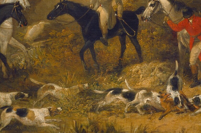 The dead fox is the central, somber subject.