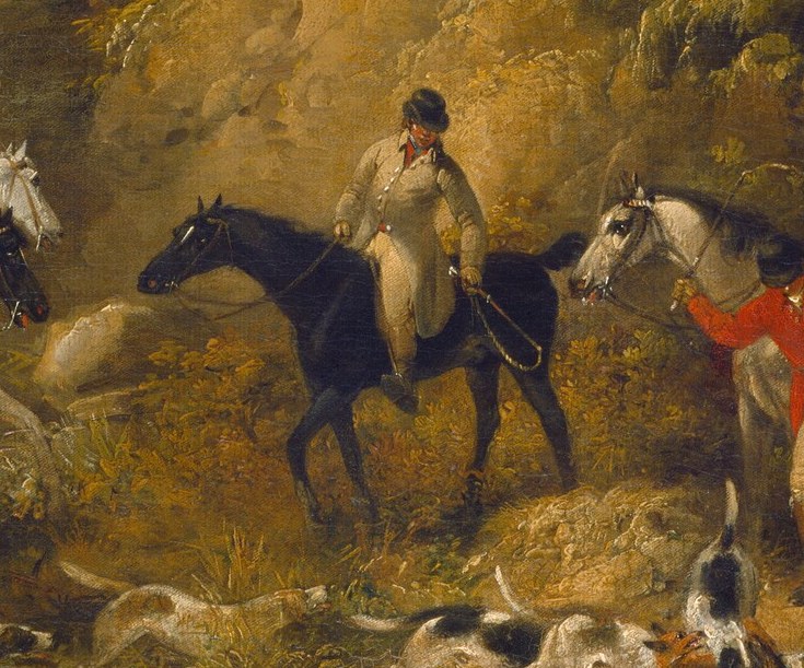 Three huntsmen on horseback survey the scene.