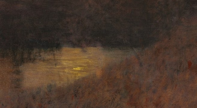 His brushwork captures light reflecting on calm water.