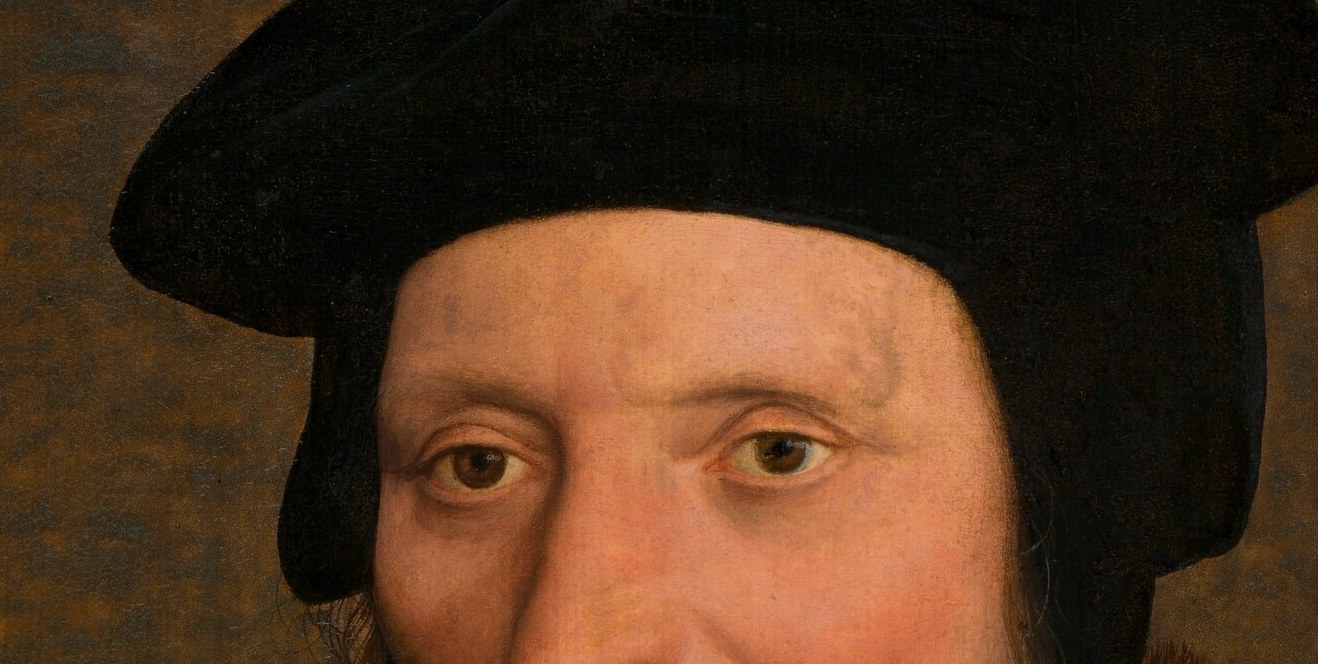 Eyes lock onto the viewer with unusual composure for the period; Holbein uses this to convey authority and self-possession rather than warmth.