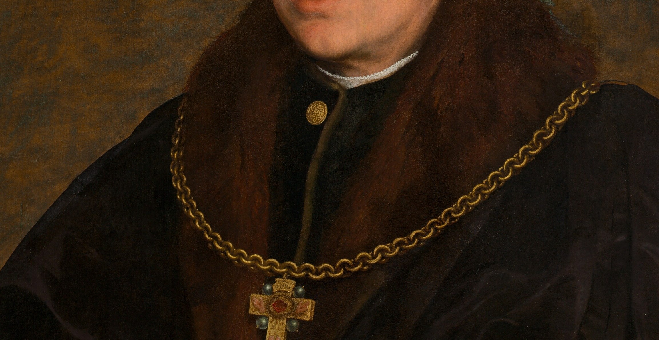 A conspicuous mark of royal favour and high administrative rank; Holbein renders each link with jewelry-grade clarity, signaling Tuke's proximity to Henry VIII.