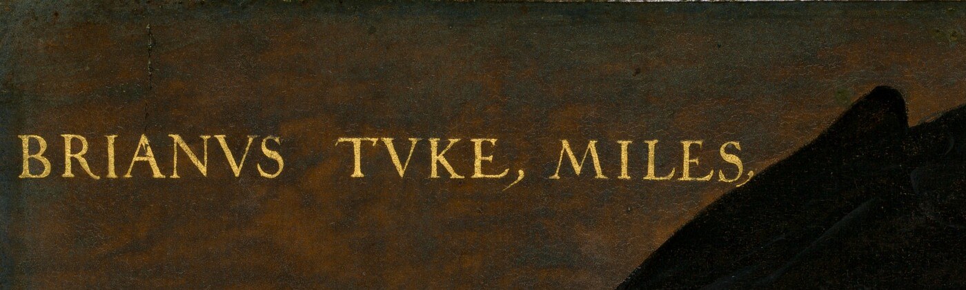 Identifies the sitter formally , 'Miles' meaning knight , contextualizing his rank and serving as a painted caption that would have been read left to right by contemporary viewers.