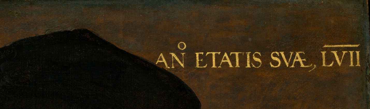 The top-right inscription records his age: 57.